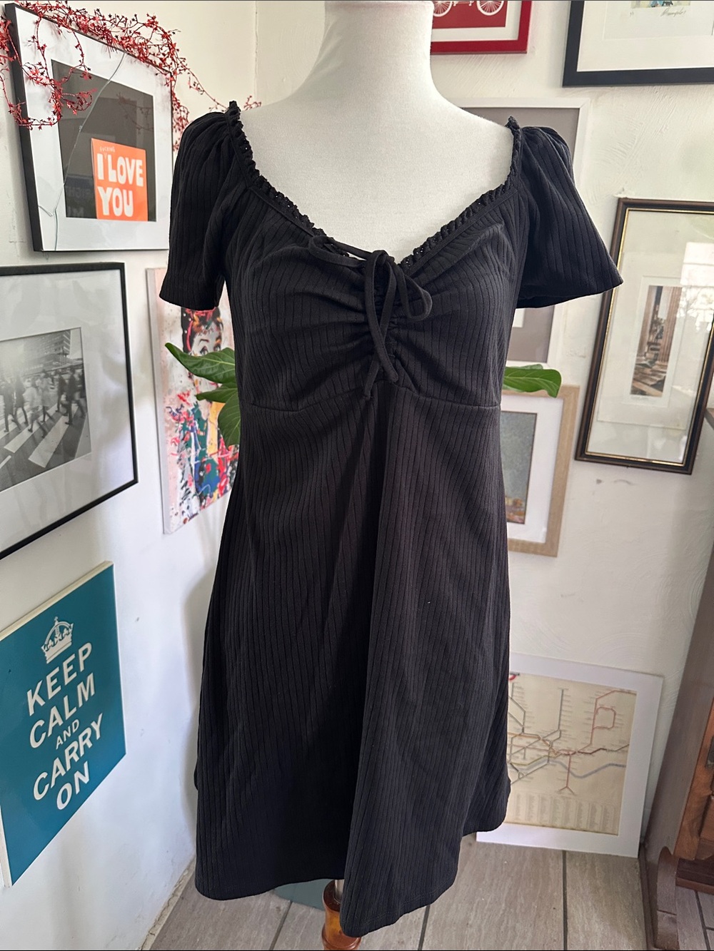 H&M Black Ribbed Jersey Tie-Front Mini Dress Large